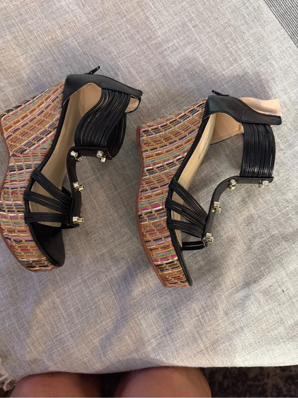 Black Studded T-Strap Espadrille Platform Sandals